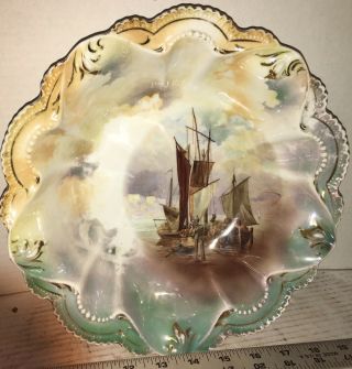 Antique RS Prussia Bowl 10” Bowl With Masted Schooner Ship 2