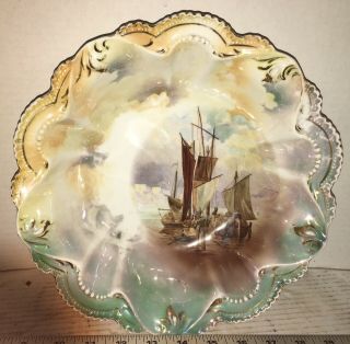Antique RS Prussia Bowl 10” Bowl With Masted Schooner Ship 3