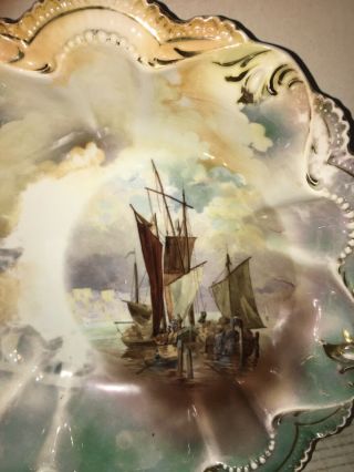 Antique RS Prussia Bowl 10” Bowl With Masted Schooner Ship 5