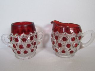 Antique Eapg Red Block Ruby Stained Glass Creamer Spooner/sugar