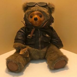 Robert Raikes Bear Lindy Wood Face / Feet 1986 Aviator Bear W/ Tag.