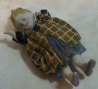 Early Vintage Small Bisque Blonde Girl Doll Articulated Arms Dressed Germany