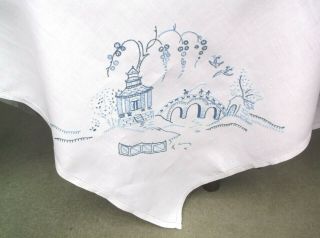 Vintage Linen Embroidered Willow Pattern Large Table Cloth