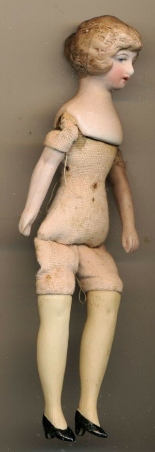 Antique Bisque Doll,  Cloth Body,  Painted Face,  Blue High Heel Shoes On Legs 449