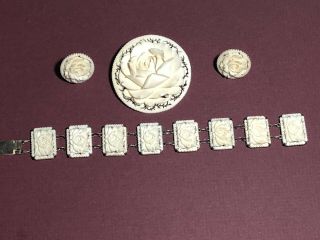 Antique Sterling Silver Carved Bone Roses Jewelry Set Earrings Bracelet Brooch