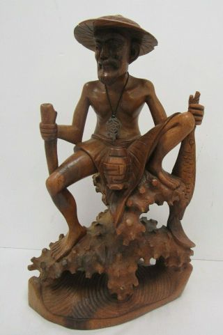 Handmade Wooden Statue Of A Man Fishing Possible Asian Origin - Fis S6