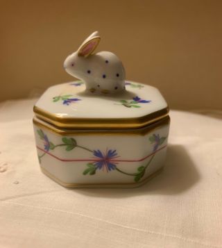 Antique Herend Octogonal Bunny Trinket Box With Blue Cornflowers