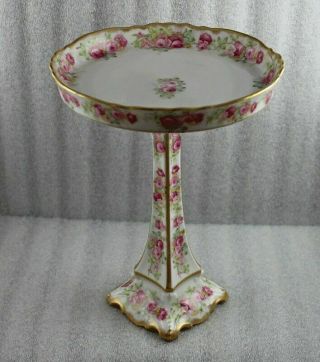 Antique Elite Limoges Porcelain Pink Roses 9 5/8” Tall Tazza Or Compote