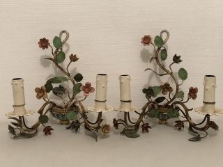 Antique Florentine Italian Tole Wall Sconce Pair Flowers Metal Italy