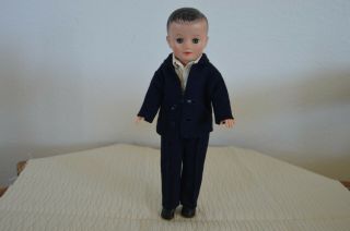 Vintage Vogue 10 " Jeff Doll In Navy Blue Wool Felt Suit,  White Shirt & Shoes