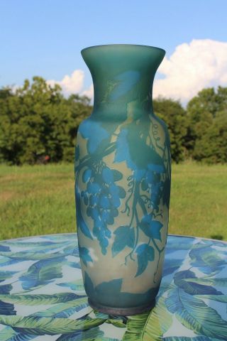 Antique French Cameo Glass Vase With Blue Design Signed By A Galle Contemporary