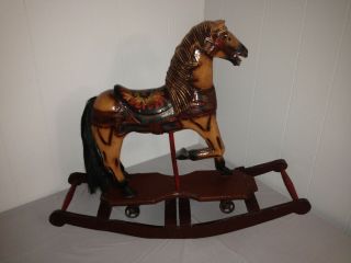 Large Antique Hand - Carved Wooden Rocking Horse Painted Sunflower Saddle 28 X 23