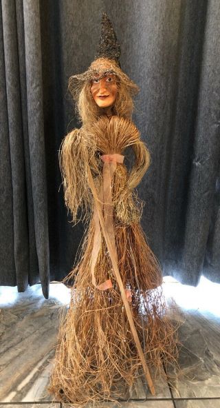 Unique 38” Handmade Primitive Folk Art Doll Witch W/ Broom Large Halloween Fall