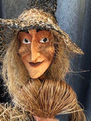 Unique 38” Handmade Primitive Folk Art Doll Witch W/ Broom Large Halloween Fall 2