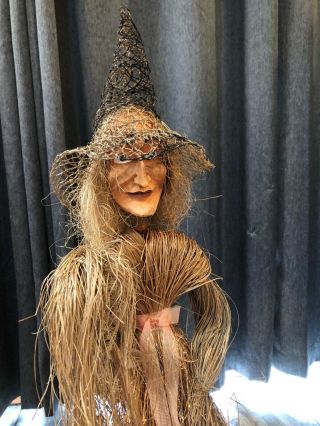 Unique 38” Handmade Primitive Folk Art Doll Witch W/ Broom Large Halloween Fall 3