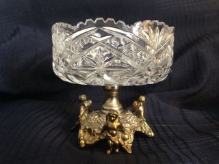 Supurb Antique Cut Crystal & Brass Pedestal Grape,  Vine & Cherub Angel Soap Dish