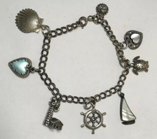 Antique Sterling Silver Charm Bracelet 8 Nautical Charms & Enamel Puffed Heart