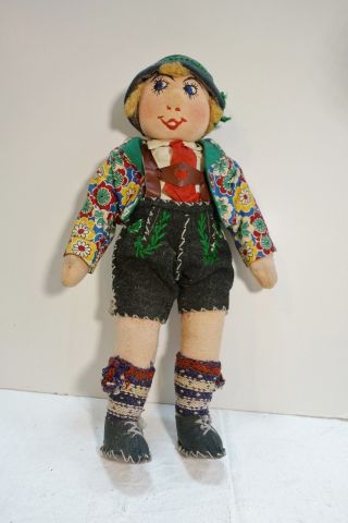 Dollbox Vintage Cloth Doll,  Tyrolean Boy In Lederhosen,  Wool,  Cloth