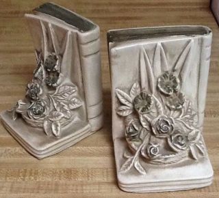 Vintage " Antiqued " White Bookends - Universal Statuary Corp.  1940s ?