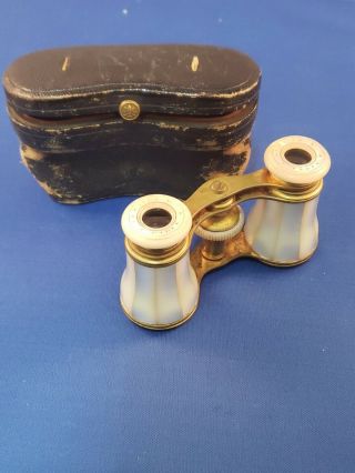 Antique Lemaire Paris Mother Of Pearl & Brass Opera Glasses With Case - Vt148