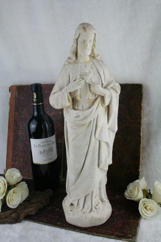 French Plaster Antique Sacred Heart Christ Statue