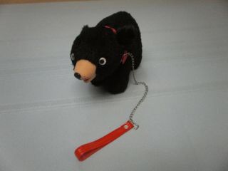Vintage 7 " Straw Stuffed Toy Black Bear Plush Japan,  Rubber Nose,  Chain Red Leash