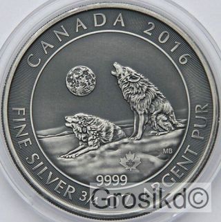 Canada 2016 $2 Howling Wolves 3/4 Oz Silver Antique Finish Unique