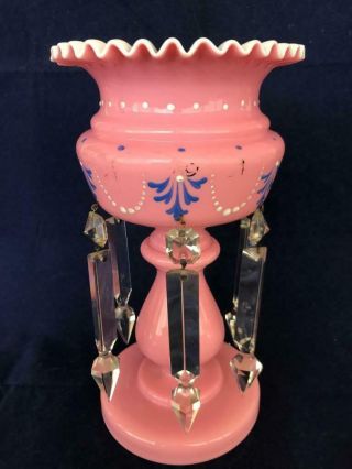 Fine Antique Victorian Pink Glass Enamelled Mantle Lustre Vase.