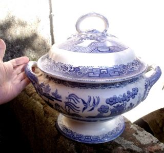 Antique C1890 Huge Big Tureen Willow Pattern Blue & White Hrs & Co Massive