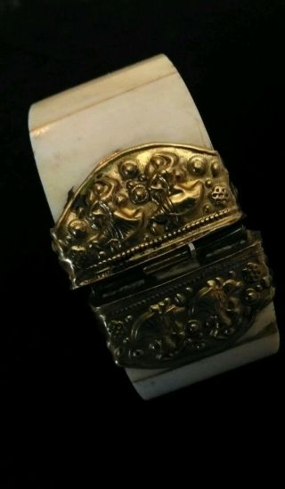 Antique Bone And Brass Hinged Bangle Bracelet