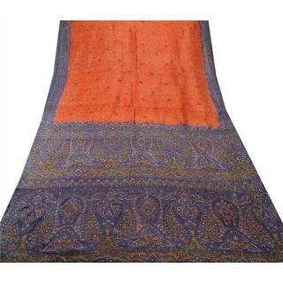 Tcw Vintage Saree 100 Pure Silk Hand Beaded Craft Fabric Orange Antique Sari 3