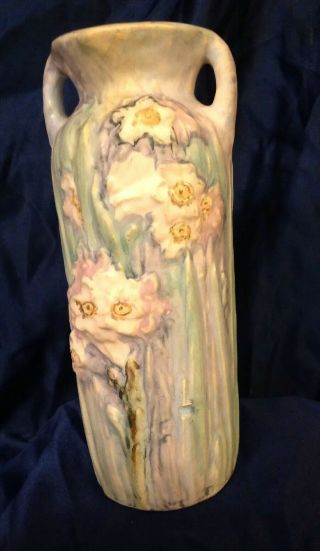 Rare Antique Signed Weller Silvertone Vase American Art Pottery Narcissus Floral