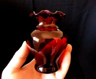 Anchor Hocking Antique 4 " Ruffled Art Glass Royal Ruby Red Flower Vase Ornament