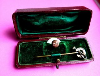 Antique Horseshoe & Crop Stick Pin & Collar Stud In Satin And Velvet Lined Box,