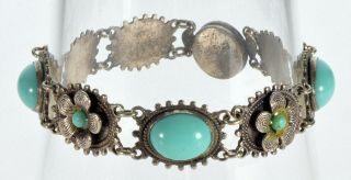 Antique Art Deco Czech Turquoise Glass Filigree Bracelet