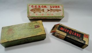 Five Vintage Fishing Lures In Boxes C.  C.  B.  Co. ,  Royal Brand,  Creek Chub