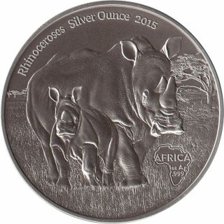 2015 Congo 1 Oz Silver Antique Finish Coin Rhinoceros (africa Series)