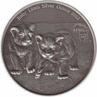 2012 Congo 1 Oz Silver Antique Finish Coin Baby Lions (africa Series)