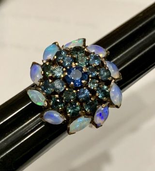 Antique 18k Gold 2.  0 Tcw Natural Sapphires & Opal Harem Ring