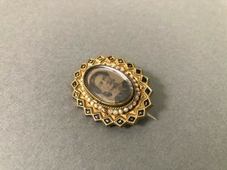 Antique Victorian Mourning Brooch Pin Enamel Faux Pearl Photograph Brass 093