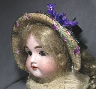 Vintage Doll Hat - Bonnet - Natural Straw W/embroidered Netting & Flowers