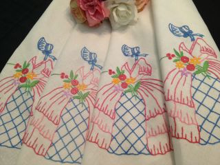 Vintage Hand Embroidered Linen Tablecloth Crinoline Ladies & Flowers