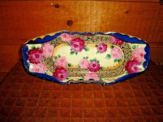 Antique Nippon Hand Painted Long Dish Roses Cobalt Blue Gold
