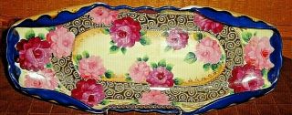 Antique Nippon Hand Painted Long Dish Roses Cobalt Blue Gold 2