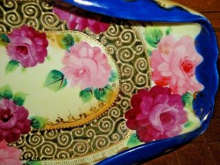 Antique Nippon Hand Painted Long Dish Roses Cobalt Blue Gold 3
