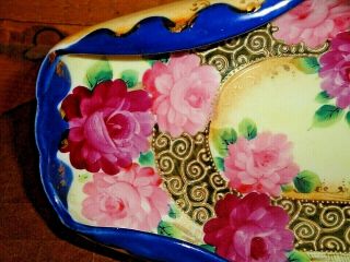 Antique Nippon Hand Painted Long Dish Roses Cobalt Blue Gold 4