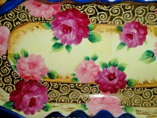 Antique Nippon Hand Painted Long Dish Roses Cobalt Blue Gold 5