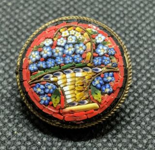 Antique Vintage Italian Micro Mosaic Floral Brooch Open C Clasp