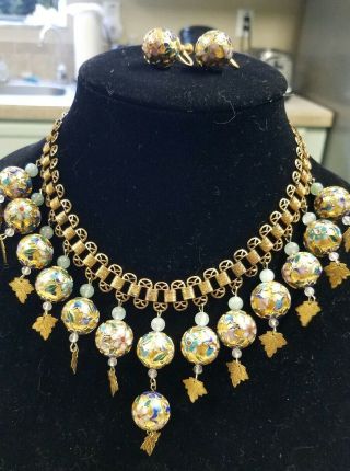 Vintage/antique Art Deco Cloisonne & Jade Bookchain Bib Necklace & Earrings Set