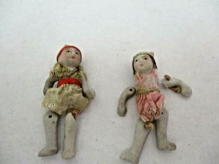 Two Antique Miniature 2 " Bisque Dolls Asian Boy & Girl - - Jointed